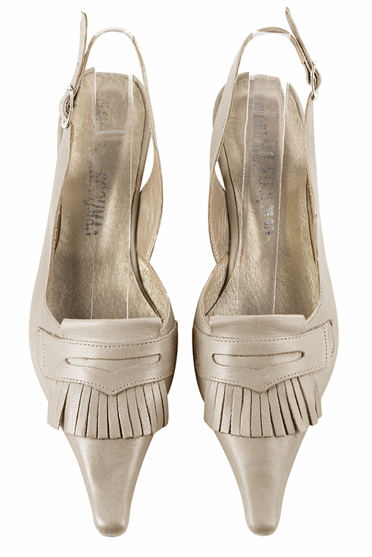 Champagne white women's slingback shoes. Tapered toe. Low wedge heels. Top view - Florence KOOIJMAN